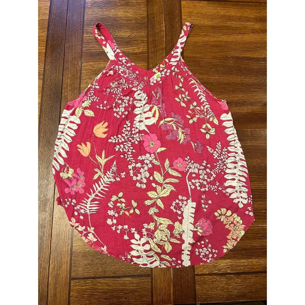 Free People Pink Floral Tank Top S P Small Petite Boho Viscose V-Neck Sleeveless